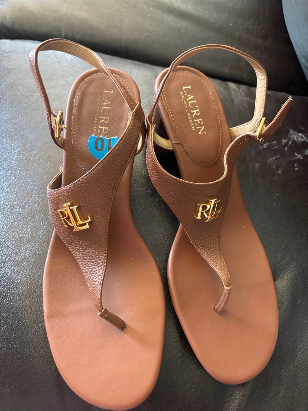 Lauren Ralph Lauren Brown Leather RLL T-Strap Sandals with Gold Logo